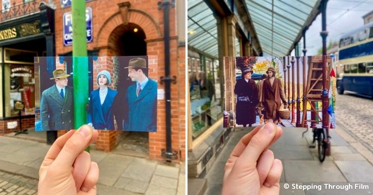 man holds up photos of Downton Abbey movie scenes which were filmed at Beamish Museum.